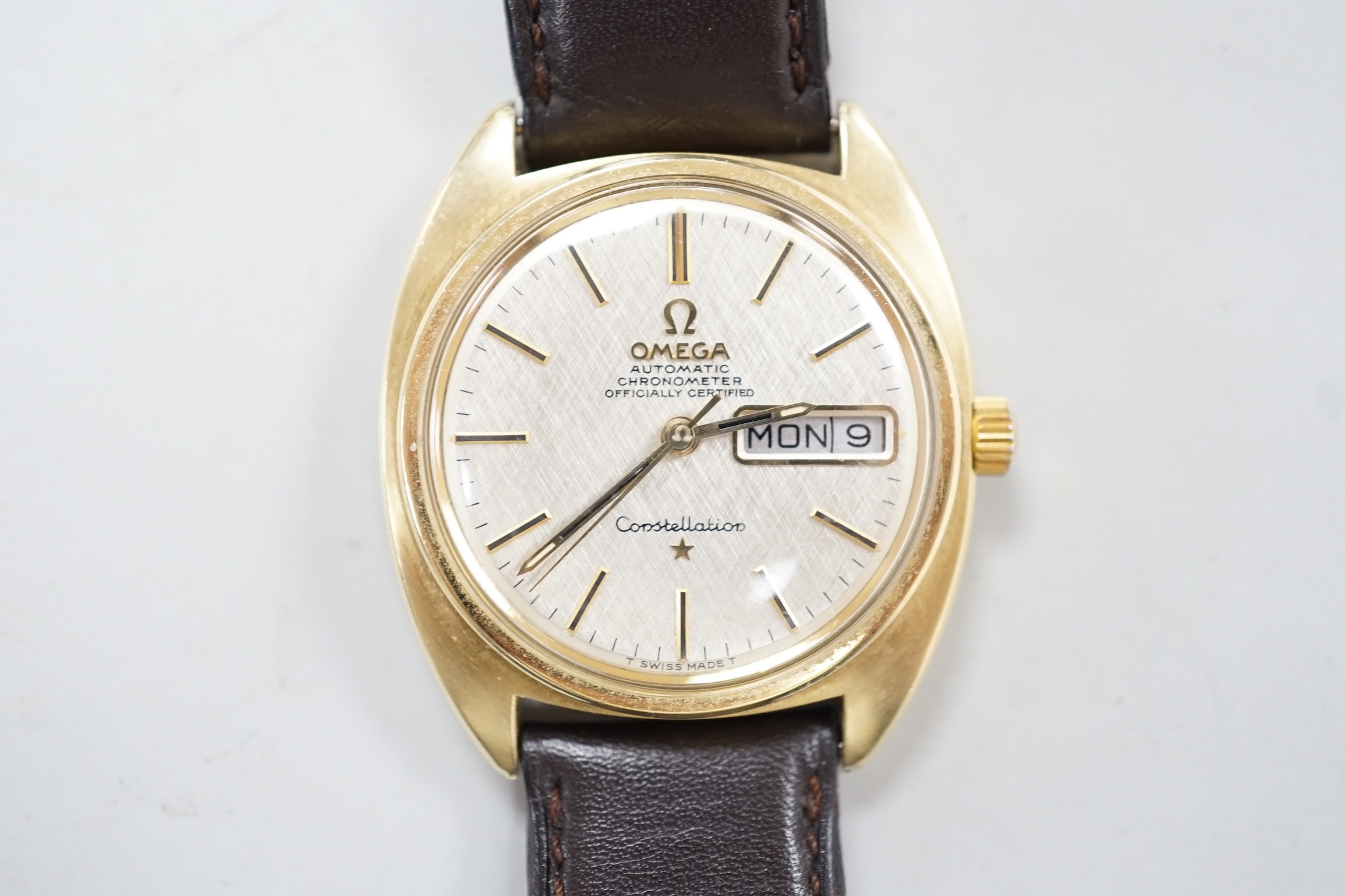 A gentleman's 1960's? steel and gold plated Omega Constellation Automatic wrist watch, on associated leather strap, case diameter 34mm, no box or papers.